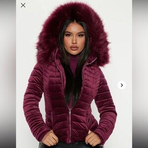 Fashion Nova Puffer Jacket coat burgundy faux fur size Medium M